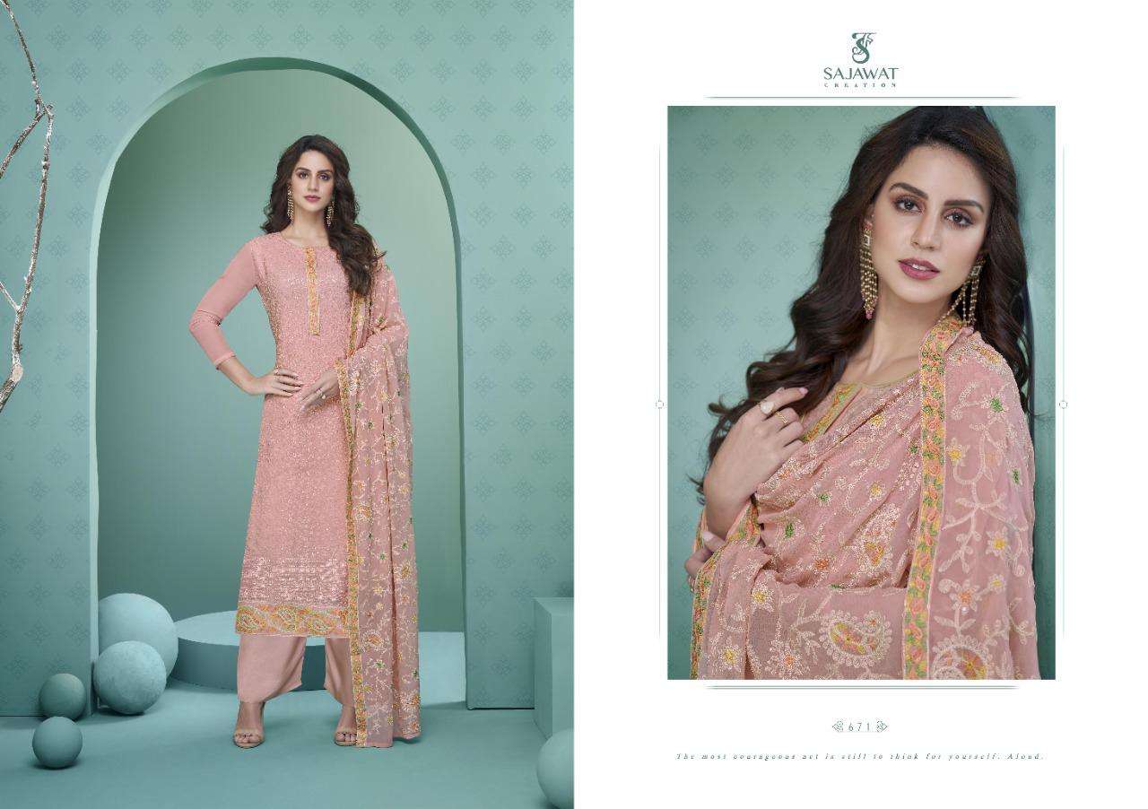 PANKHI VOL-1 BY SAJAWAT CREATION 671 TO 675 SERIES BEAUTIFUL STYLISH SUITS FANCY COLORFUL CASUAL WEAR & ETHNIC WEAR & READY TO WEAR HEAVY GEORGETTE EMBROIDERED DRESSES AT WHOLESALE PRICE