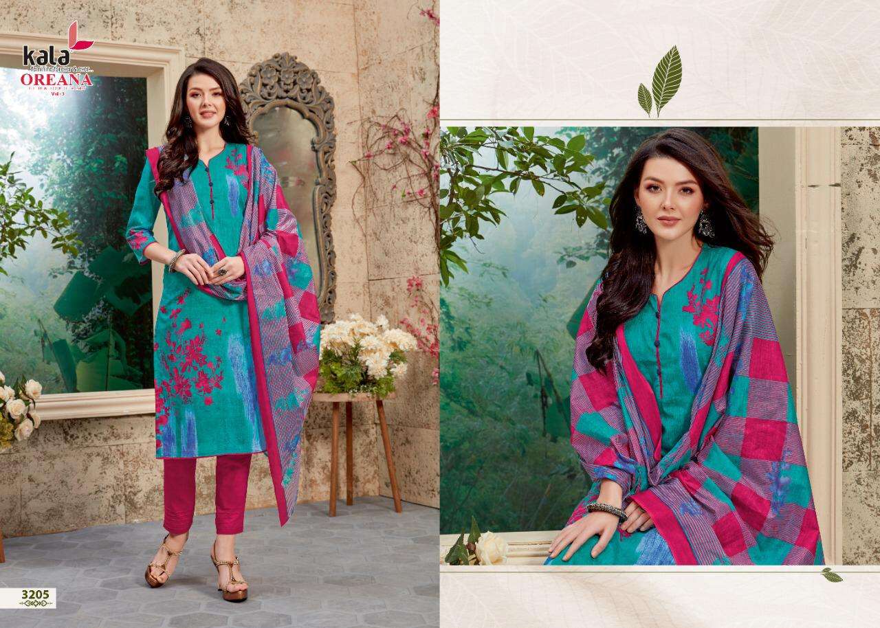 OREANA VOL-5 BY KALA 3201 TO 3212 SERIES BEAUTIFUL SUITS STYLISH FANCY COLORFUL PARTY WEAR & OCCASIONAL WEAR PURE COTTON PRINT DRESSES AT WHOLESALE PRICE