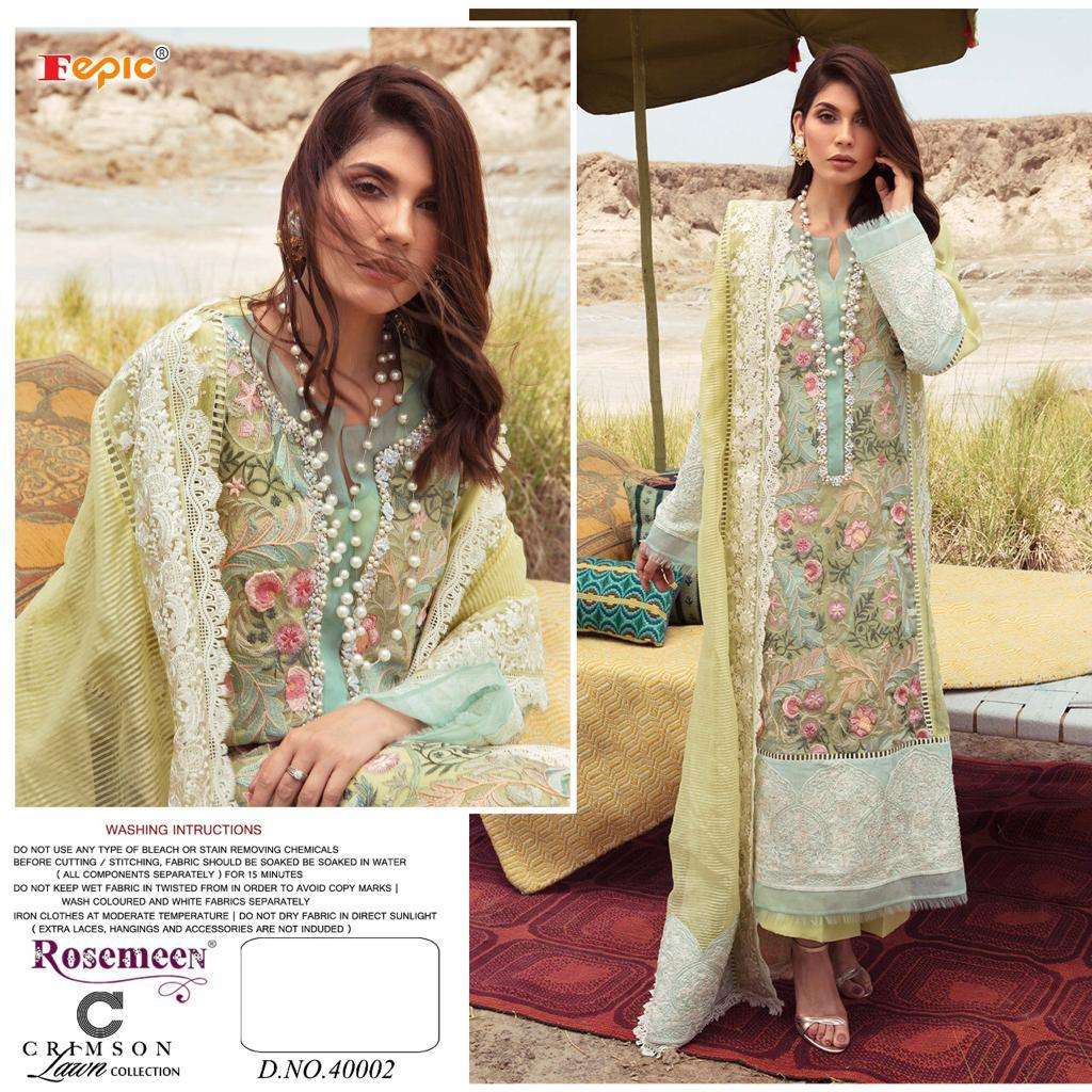 ROSEMEEN CRIMSON LAWN COLLECTION BY FEPIC 40001 TO 40003 SERIES DESIGNER PAKISTANI SUITS BEAUTIFUL STYLISH FANCY COLORFUL PARTY WEAR & OCCASIONAL WEAR PURE COTTON EMBROIDERY DRESSES AT WHOLESALE PRICE