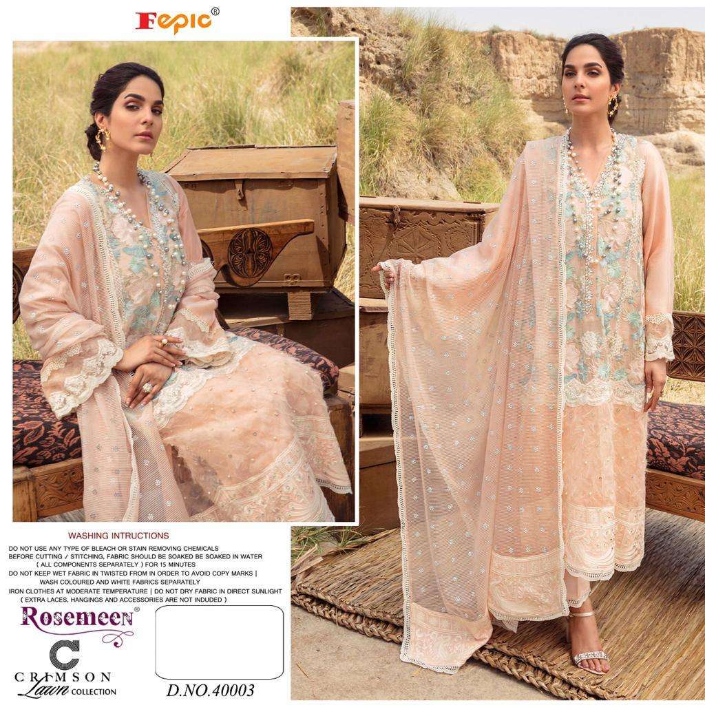 ROSEMEEN CRIMSON LAWN COLLECTION BY FEPIC 40001 TO 40003 SERIES DESIGNER PAKISTANI SUITS BEAUTIFUL STYLISH FANCY COLORFUL PARTY WEAR & OCCASIONAL WEAR PURE COTTON EMBROIDERY DRESSES AT WHOLESALE PRICE