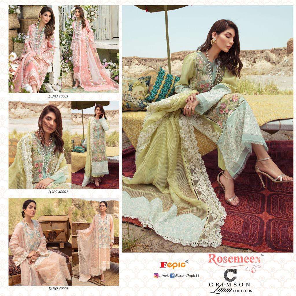ROSEMEEN CRIMSON LAWN COLLECTION BY FEPIC 40001 TO 40003 SERIES DESIGNER PAKISTANI SUITS BEAUTIFUL STYLISH FANCY COLORFUL PARTY WEAR & OCCASIONAL WEAR PURE COTTON EMBROIDERY DRESSES AT WHOLESALE PRICE