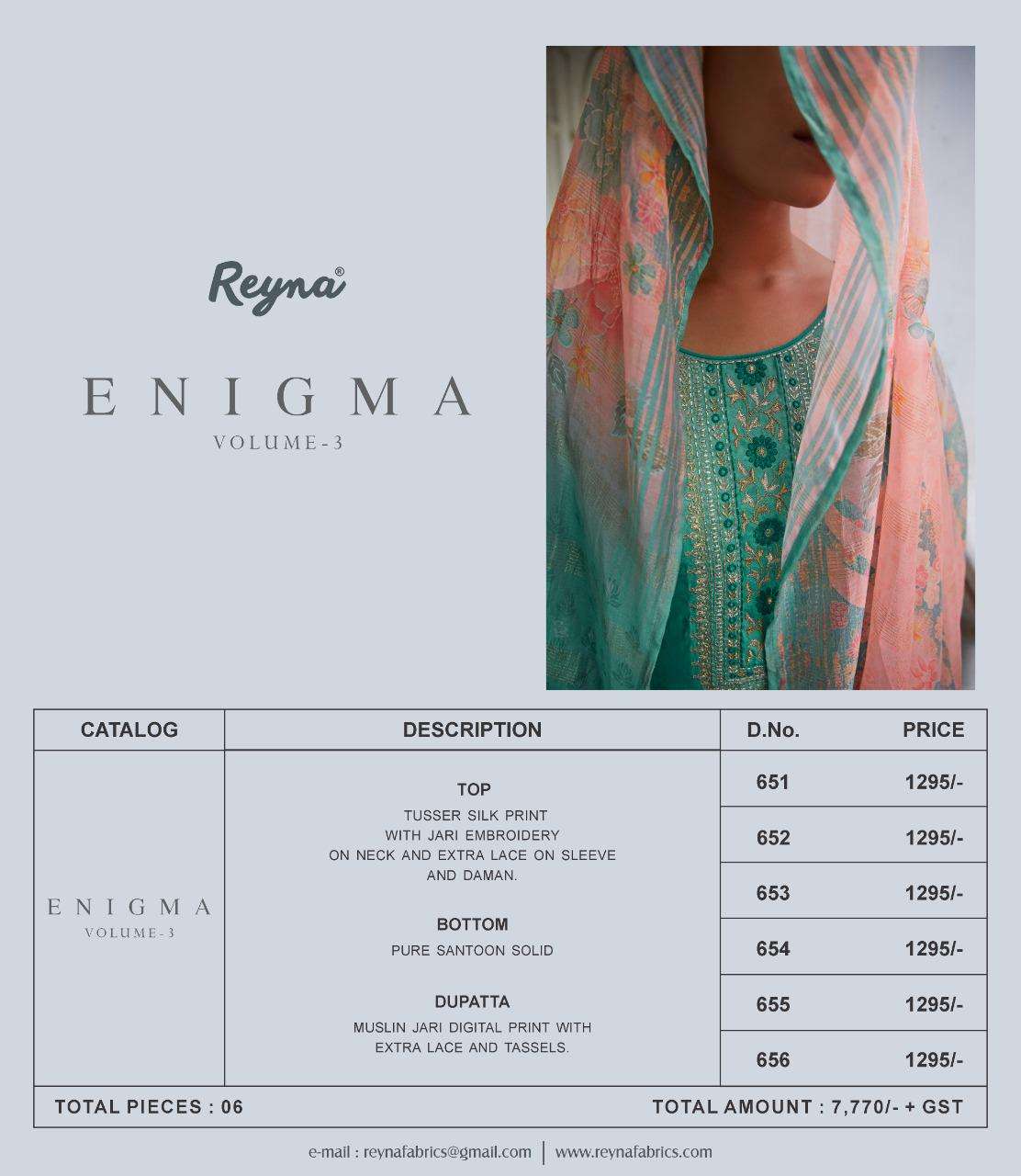 ENIGMA VOL-3 BY REYNA 651 TO 656 SERIES INDIAN TRADITIONAL WEAR COLLECTION BEAUTIFUL STYLISH FANCY COLORFUL PARTY WEAR & OCCASIONAL WEAR TUSSAR SILK DIGITAL PRINT WITH EMBROIDERY DRESSES AT WHOLESALE PRICE