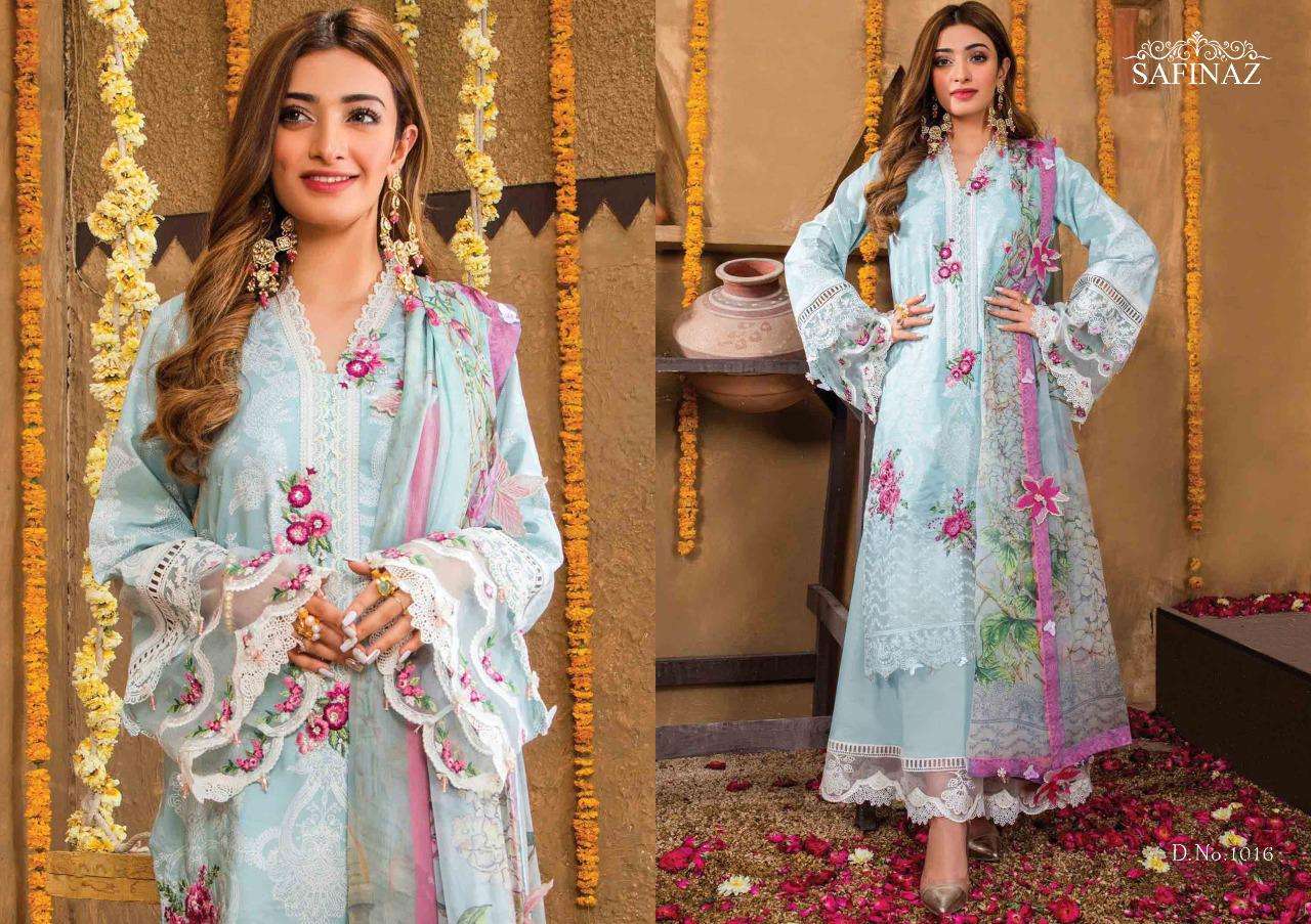 MUZLIN LAWN COLLECTION-21 BY SAFINAZ 1013 TO 1017 SERIES DESIGNER PAKISTANI SUITS BEAUTIFUL STYLISH FANCY COLORFUL PARTY WEAR & OCCASIONAL WEAR PURE CAMBRIC COTTON EMBRODERED DRESSES AT WHOLESALE PRICE