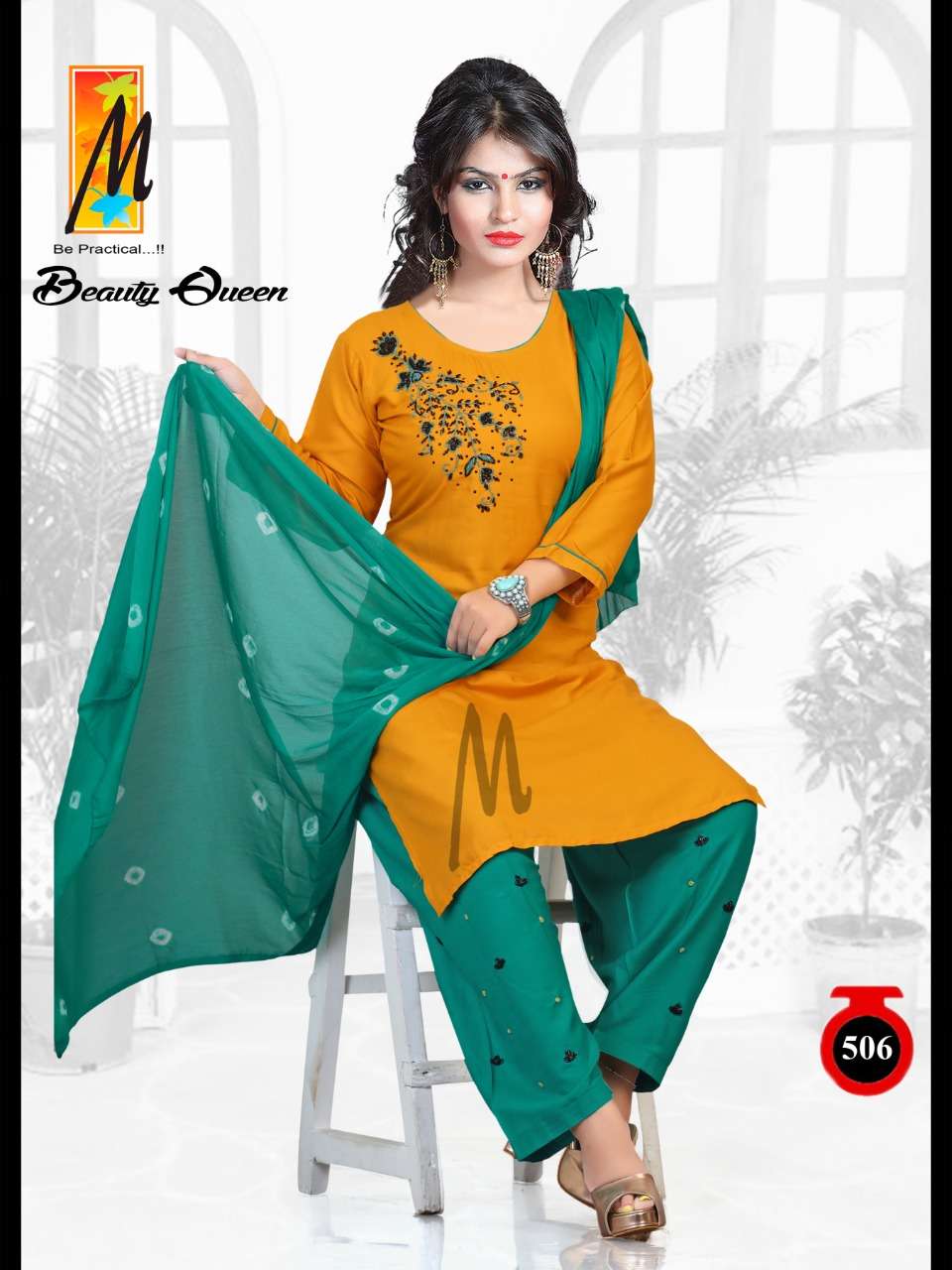 BEAUTY QUEEN BY M BE PRACTICAL 501 TO 508 SERIES BEAUTIFUL STYLISH PATIYALA SUITS FANCY COLORFUL CASUAL WEAR & ETHNIC WEAR & READY TO WEAR RAYON WITH WORK DRESSES AT WHOLESALE PRICE