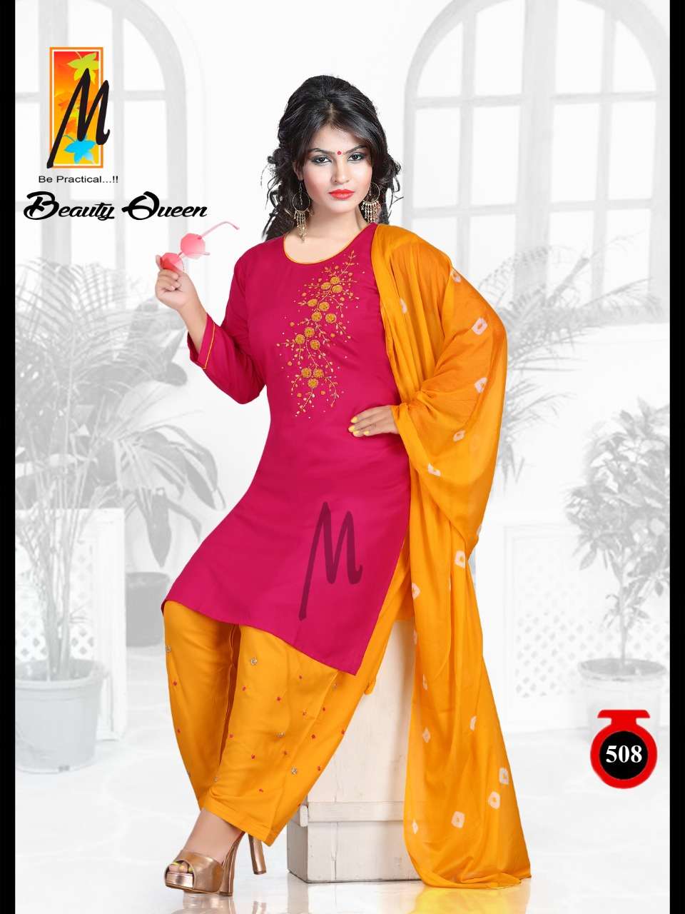 BEAUTY QUEEN BY M BE PRACTICAL 501 TO 508 SERIES BEAUTIFUL STYLISH PATIYALA SUITS FANCY COLORFUL CASUAL WEAR & ETHNIC WEAR & READY TO WEAR RAYON WITH WORK DRESSES AT WHOLESALE PRICE