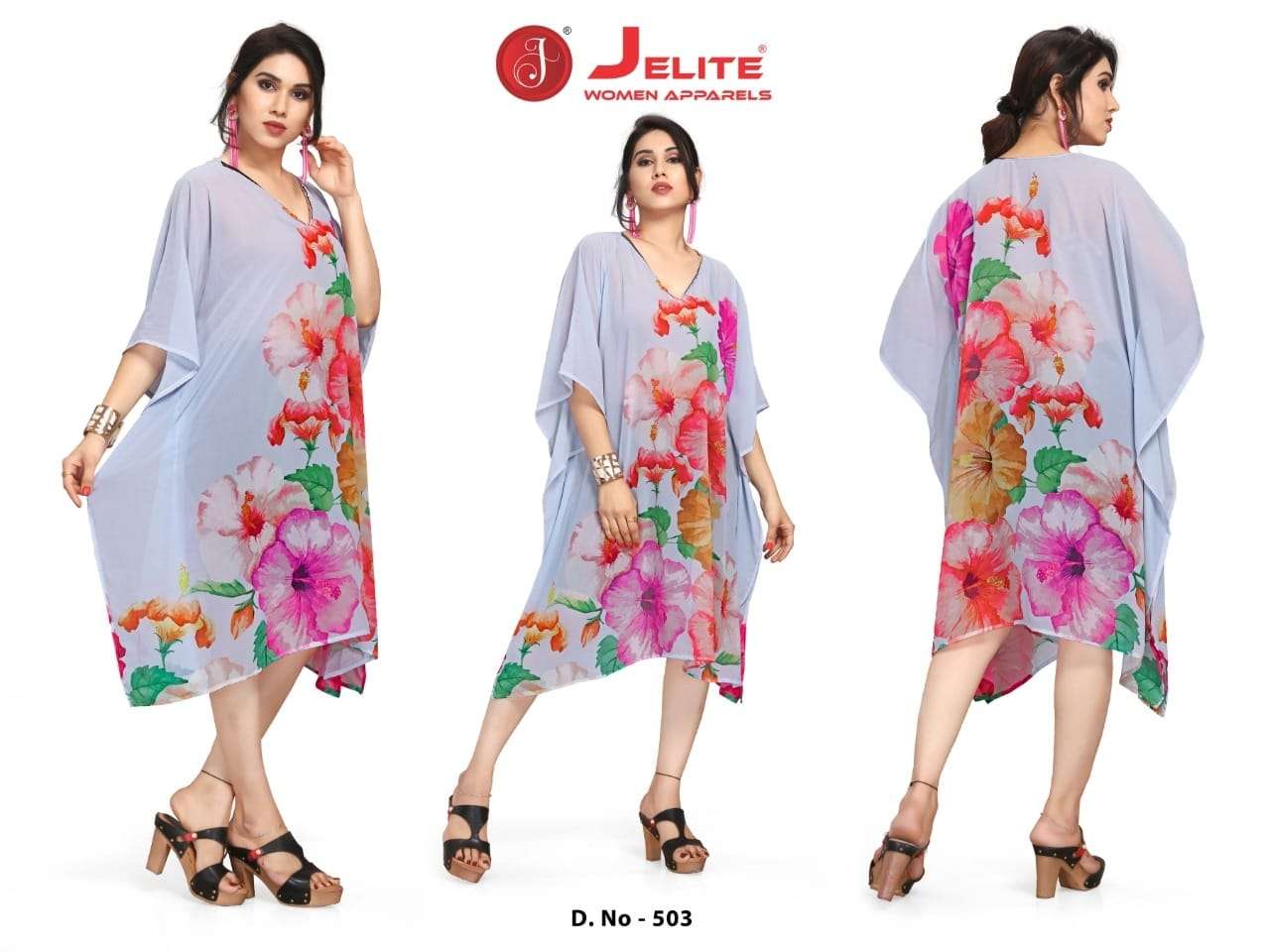 BEACH WEAR KAFTANS BY JELITE 501 TO 507 SERIES DESIGNER WEAR COLLECTION BEAUTIFUL STYLISH FANCY COLORFUL PARTY WEAR & OCCASIONAL WEAR WEIGHTLESS GEORGETTE PRINT GOWNS AT WHOLESALE PRICE
