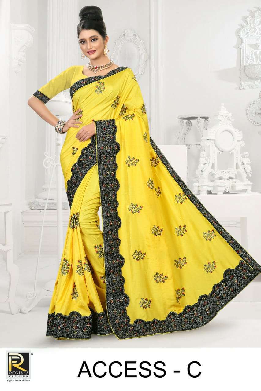 ACCESS BY RONISHA FASHION A TO E SERIES INDIAN TRADITIONAL WEAR COLLECTION BEAUTIFUL STYLISH FANCY COLORFUL PARTY WEAR & OCCASIONAL WEAR DOLA SILK EMBROIDERED SAREES AT WHOLESALE PRICE