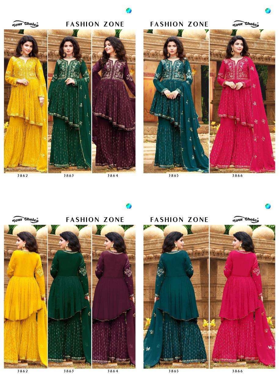 Fashion Zone By Your Choice 3862 To 3866 Series Beautiful Stylish Sharara Suits Fancy Colorful Casual Wear & Ethnic Wear & Ready To Wear Pure Georgette Embroidered Dresses At Wholesale Price