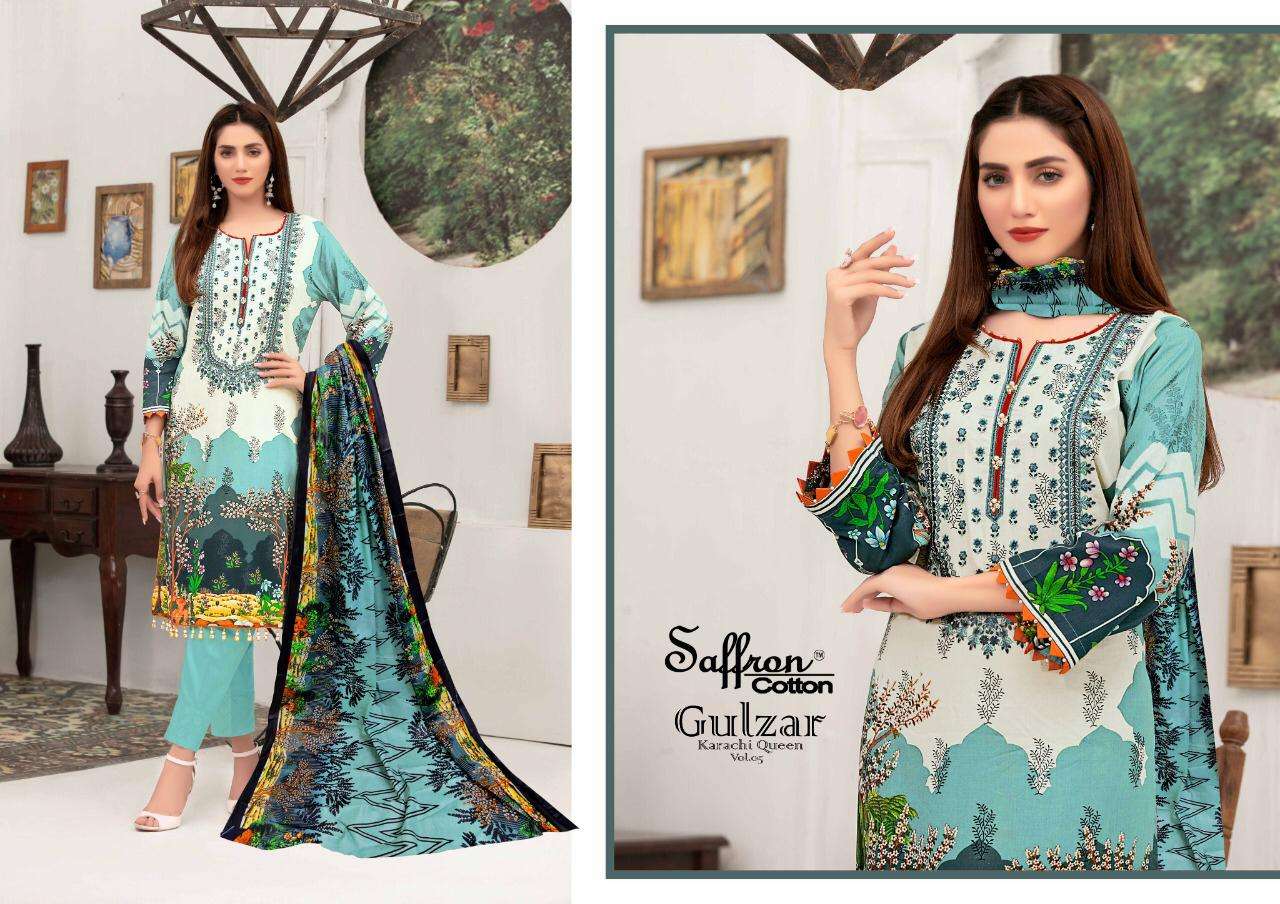 GULZAR KARACHI COTTON VOL-5 BY SAFFRON COTTON 5001 TO 5010 SERIES BEAUTIFUL SUITS COLORFUL STYLISH FANCY CASUAL WEAR & ETHNIC WEAR PURE COTTON PRINT DRESSES AT WHOLESALE PRICE