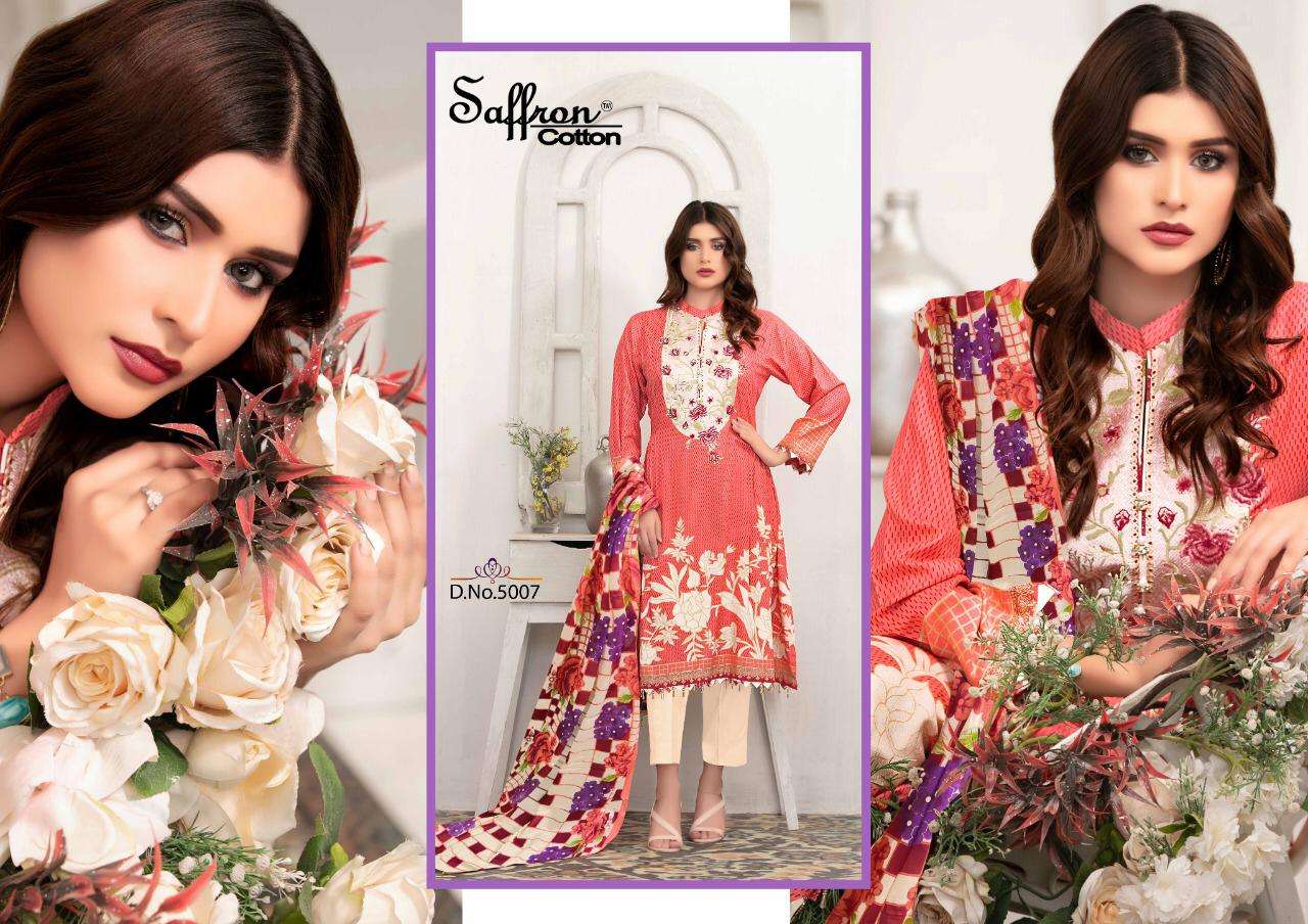 GULZAR KARACHI COTTON VOL-5 BY SAFFRON COTTON 5001 TO 5010 SERIES BEAUTIFUL SUITS COLORFUL STYLISH FANCY CASUAL WEAR & ETHNIC WEAR PURE COTTON PRINT DRESSES AT WHOLESALE PRICE