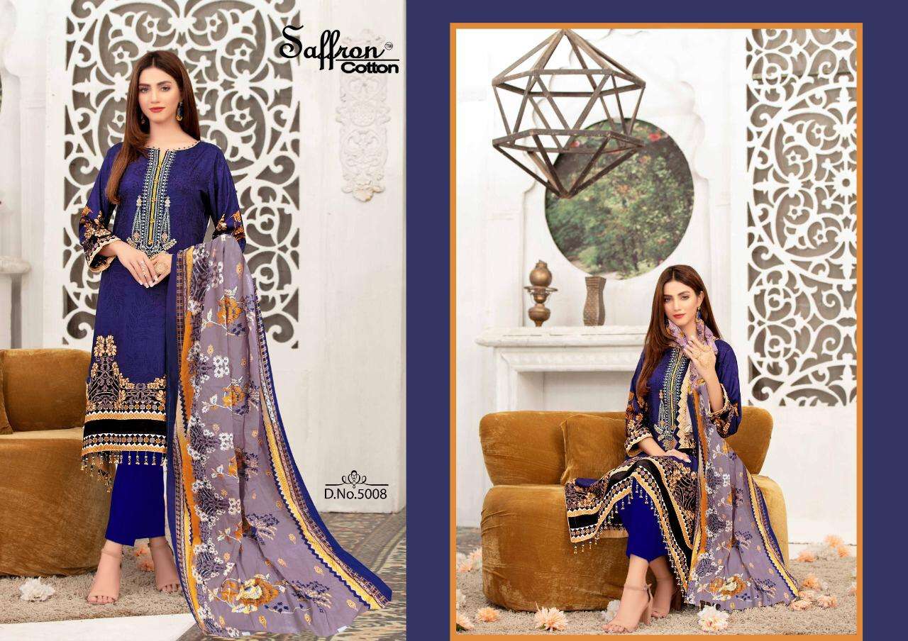 GULZAR KARACHI COTTON VOL-5 BY SAFFRON COTTON 5001 TO 5010 SERIES BEAUTIFUL SUITS COLORFUL STYLISH FANCY CASUAL WEAR & ETHNIC WEAR PURE COTTON PRINT DRESSES AT WHOLESALE PRICE