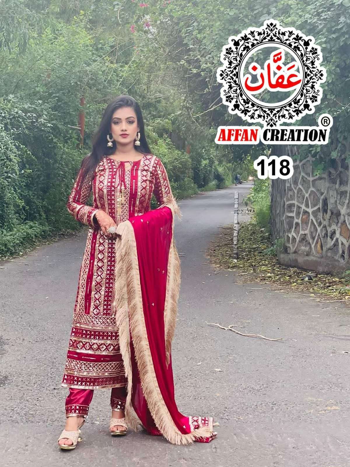 AFFAN CREATION HIT DESIGN 118 BY AFFAN CREATION BEAUTIFUL STYLISH PAKISATNI SUITS FANCY COLORFUL CASUAL WEAR & ETHNIC WEAR & READY TO WEAR FAUX GEORGETTE WITH EMBROIDERY DRESSES AT WHOLESALE PRICE