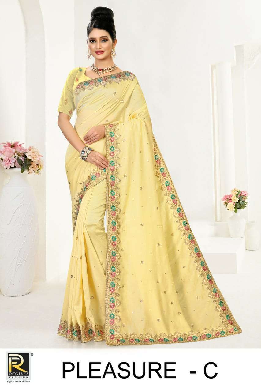 PLEASURE BY RONISHA FASHION A TO D SERIES INDIAN TRADITIONAL WEAR COLLECTION BEAUTIFUL STYLISH FANCY COLORFUL PARTY WEAR & OCCASIONAL WEAR VICHITRA SILK SAREES AT WHOLESALE PRICE