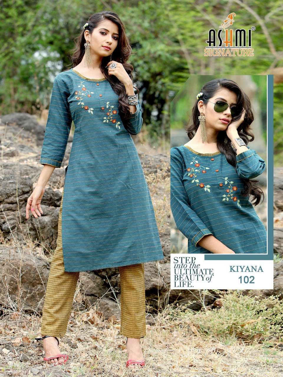KIYANA BY ASHMI 101 TO 105 SERIES DESIGNER STYLISH FANCY COLORFUL BEAUTIFUL PARTY WEAR & ETHNIC WEAR COLLECTION COTTON EMBROIDERY KURTIS WITH BOTTOM AT WHOLESALE PRICE