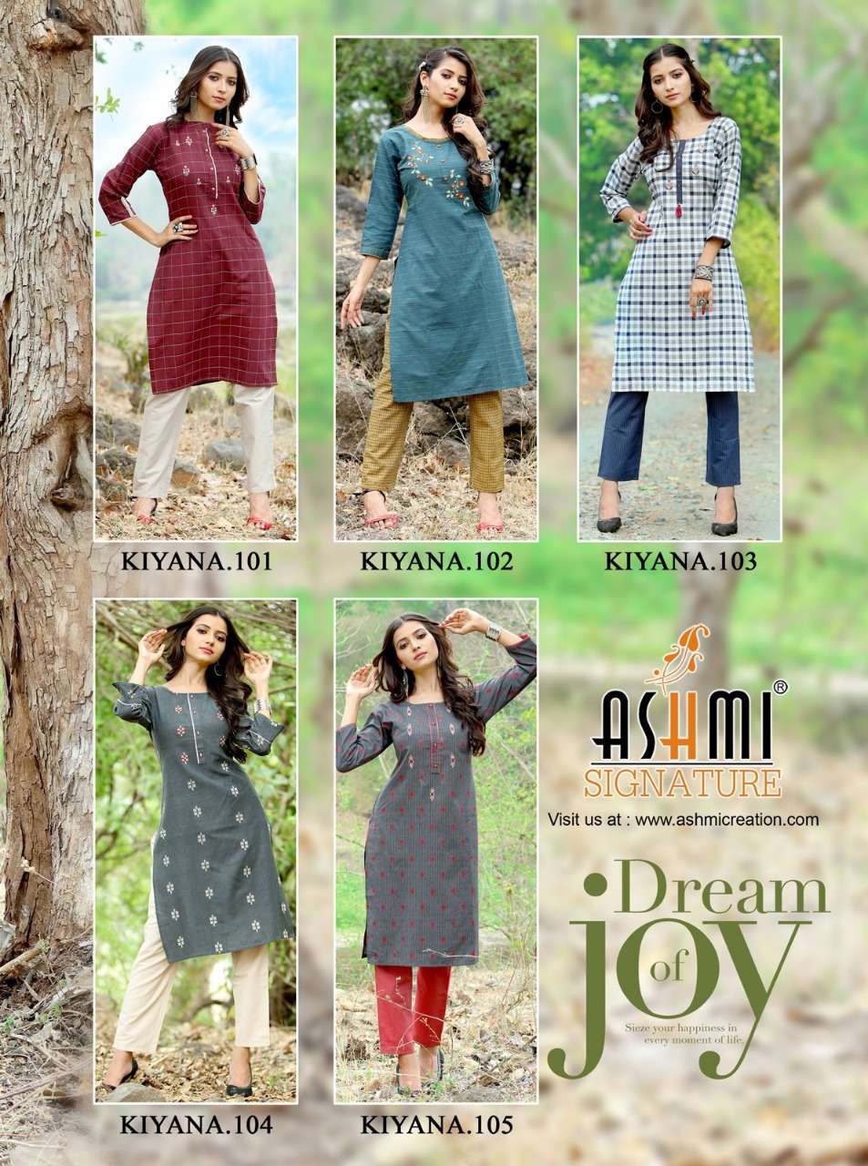 KIYANA BY ASHMI 101 TO 105 SERIES DESIGNER STYLISH FANCY COLORFUL BEAUTIFUL PARTY WEAR & ETHNIC WEAR COLLECTION COTTON EMBROIDERY KURTIS WITH BOTTOM AT WHOLESALE PRICE