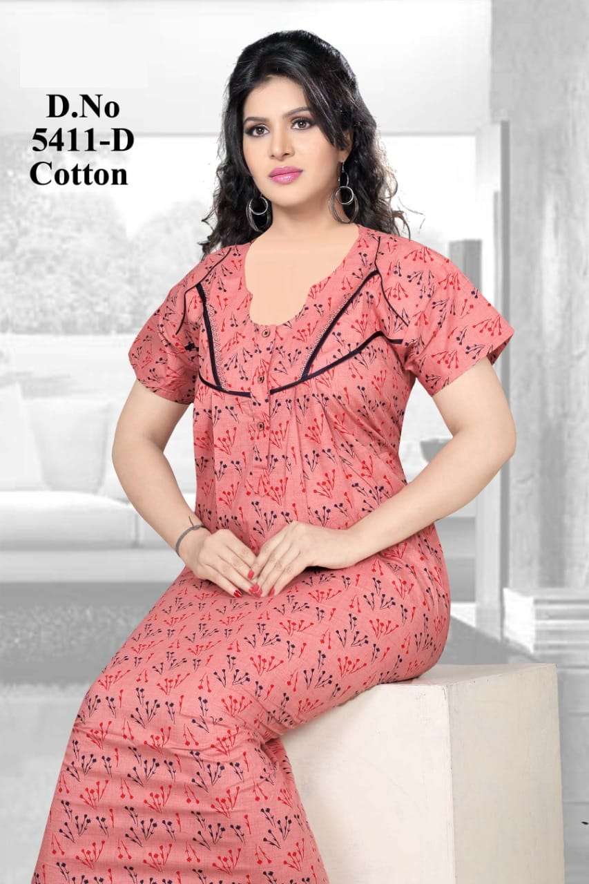 PURE COTTON NIGHTY VOL-5 BY KAAMIRI 5411-A TO 5411-D SERIES DESIGNER BEAUTIFUL STYLISH FANCY COLORFUL PARTY WEAR & OCCASIONAL WEAR COTTON GOWNS AT WHOLESALE PRICE