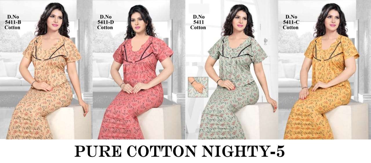 PURE COTTON NIGHTY VOL-5 BY KAAMIRI 5411-A TO 5411-D SERIES DESIGNER BEAUTIFUL STYLISH FANCY COLORFUL PARTY WEAR & OCCASIONAL WEAR COTTON GOWNS AT WHOLESALE PRICE