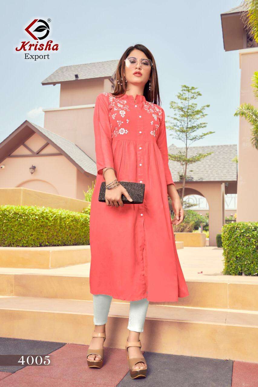 MOHINI BY KRISHA EXPORTS 4001 TO 4005 SERIES DESIGNER STYLISH FANCY COLORFUL BEAUTIFUL PARTY WEAR & ETHNIC WEAR COLLECTION RAYON EMBROIDERY KURTIS AT WHOLESALE PRICE