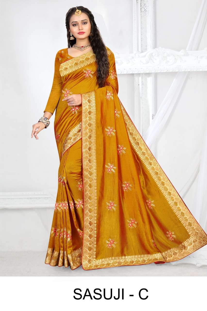 SASUJI BY RANJNA A TO F SERIES INDIAN TRADITIONAL WEAR COLLECTION BEAUTIFUL STYLISH FANCY COLORFUL PARTY WEAR & OCCASIONAL WEAR VICHITRA SILK SAREES AT WHOLESALE PRICE
