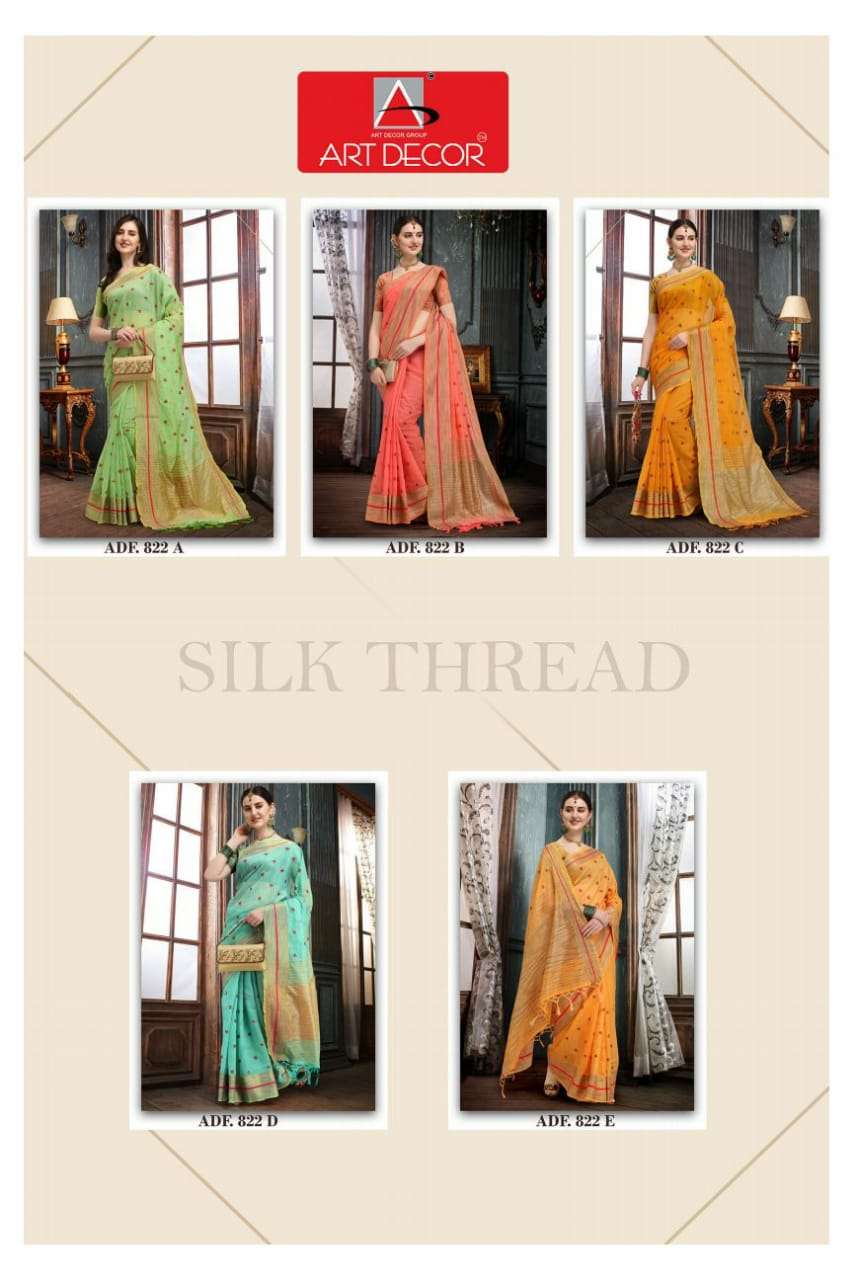 SILK THREAD BY CLUB ART DECOR 822-A TO 822-E SERIES INDIAN TRADITIONAL WEAR COLLECTION BEAUTIFUL STYLISH FANCY COLORFUL PARTY WEAR & OCCASIONAL WEAR SILK SAREES AT WHOLESALE PRICE