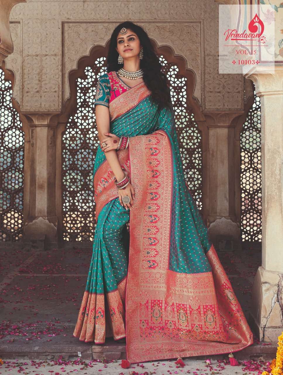 VRINDAVAN VOL-15 BY VRINDAVAN 10103 TO 10117 SERIES INDIAN TRADITIONAL WEAR COLLECTION BEAUTIFUL STYLISH FANCY COLORFUL PARTY WEAR & OCCASIONAL WEAR SILK SAREES AT WHOLESALE PRICE