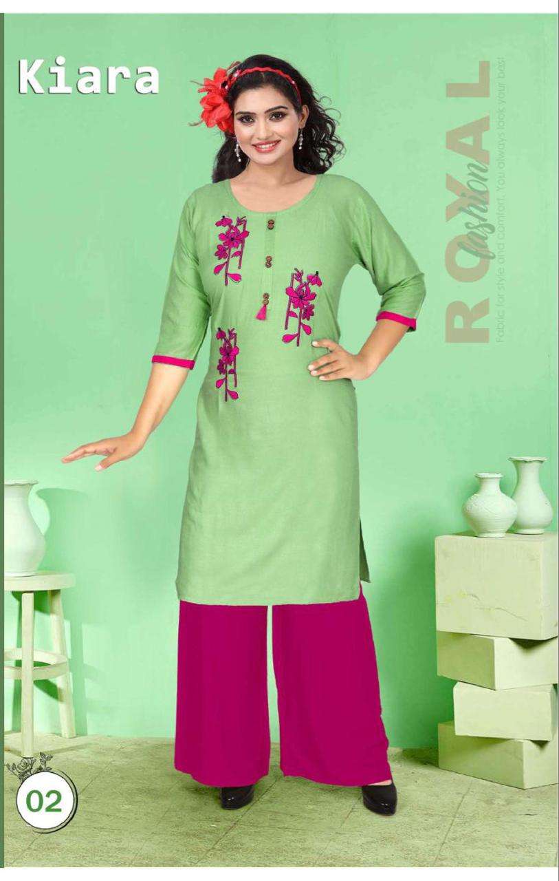 KIARA BY POOJA 01 TO 10 SERIES DESIGNER STYLISH FANCY COLORFUL BEAUTIFUL PARTY WEAR & ETHNIC WEAR COLLECTION RAYON EMBROIDERY KURTIS WITH BOTTOM AT WHOLESALE PRICE