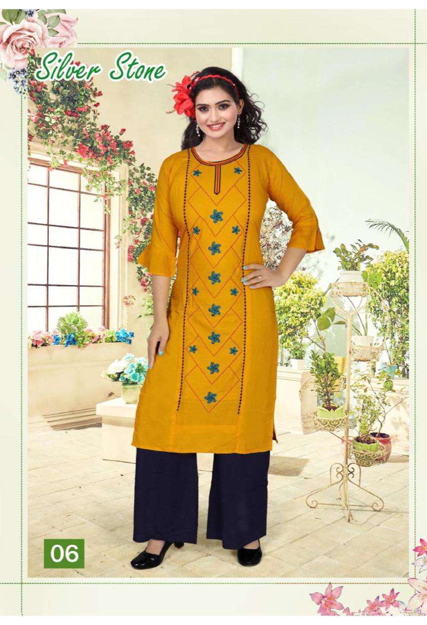 SILVER STONE BY POOJA 01 TO 10 SERIES DESIGNER STYLISH FANCY COLORFUL BEAUTIFUL PARTY WEAR & ETHNIC WEAR COLLECTION RAYON EMBROIDERY KURTIS WITH BOTTOM AT WHOLESALE PRICE