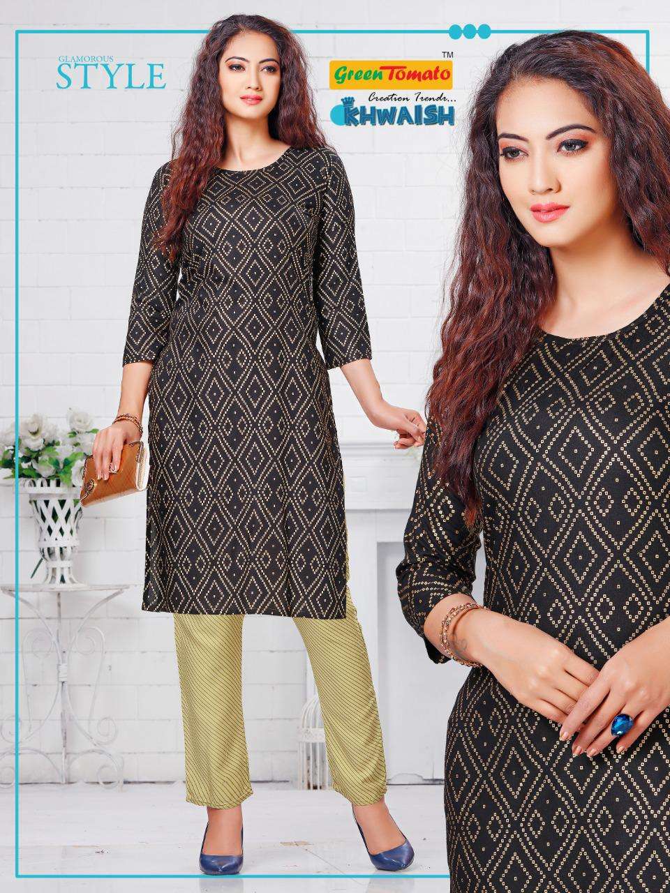 KHWAISH BY GREEN TOMATO 01 TO 08 SERIES DESIGNER STYLISH FANCY COLORFUL BEAUTIFUL PARTY WEAR & ETHNIC WEAR COLLECTION RAYON PRINT KURTIS WITH BOTTOM AT WHOLESALE PRICE