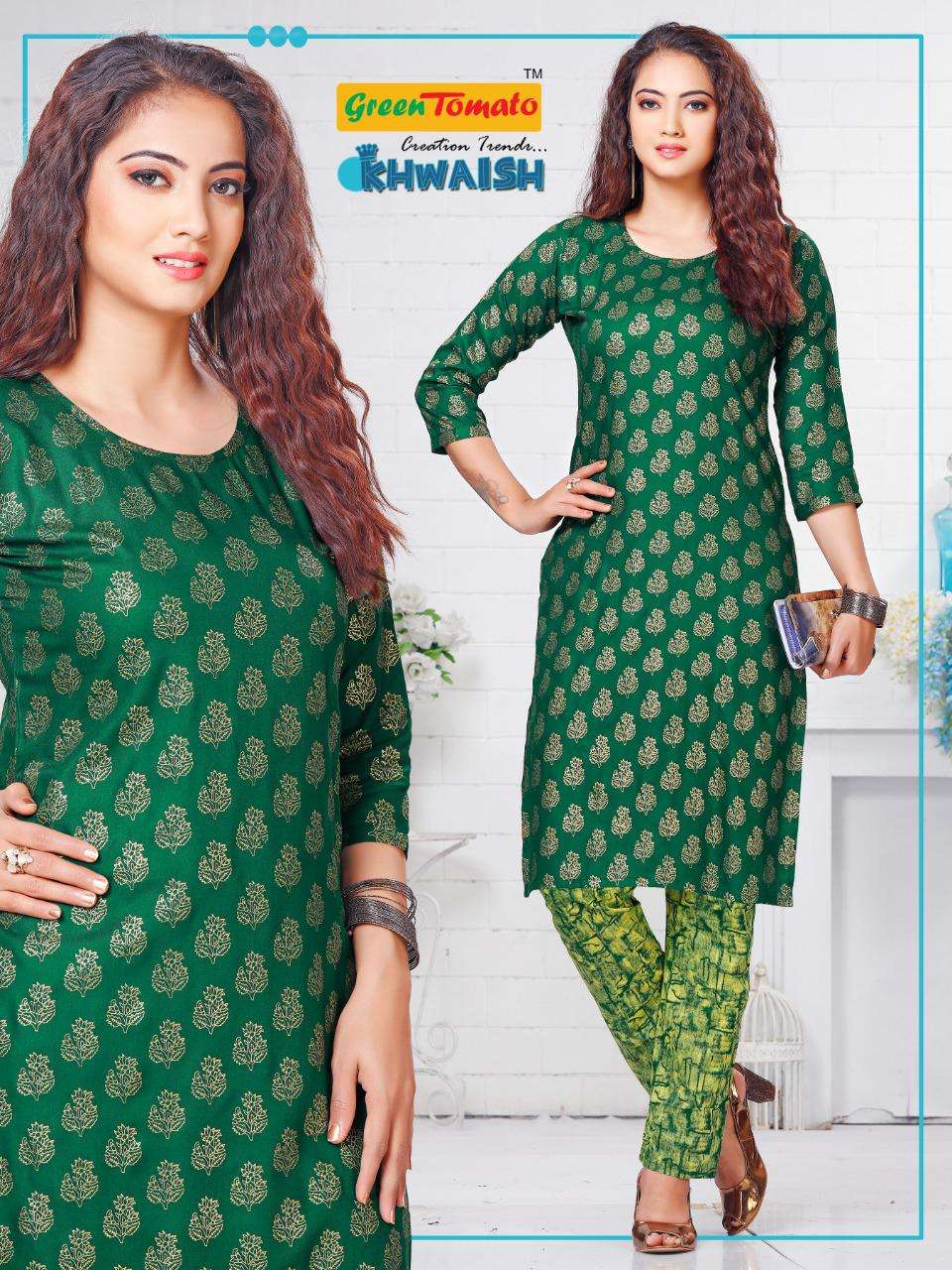 KHWAISH BY GREEN TOMATO 01 TO 08 SERIES DESIGNER STYLISH FANCY COLORFUL BEAUTIFUL PARTY WEAR & ETHNIC WEAR COLLECTION RAYON PRINT KURTIS WITH BOTTOM AT WHOLESALE PRICE