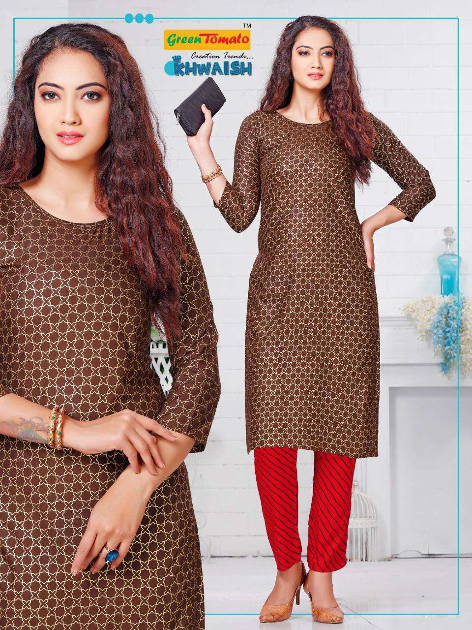 KHWAISH BY GREEN TOMATO 01 TO 08 SERIES DESIGNER STYLISH FANCY COLORFUL BEAUTIFUL PARTY WEAR & ETHNIC WEAR COLLECTION RAYON PRINT KURTIS WITH BOTTOM AT WHOLESALE PRICE