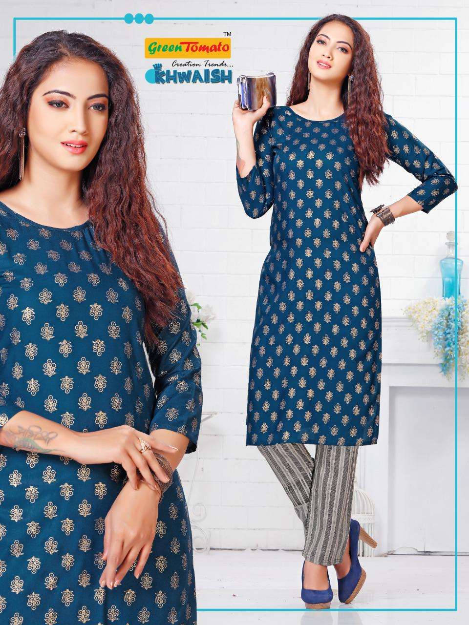 KHWAISH BY GREEN TOMATO 01 TO 08 SERIES DESIGNER STYLISH FANCY COLORFUL BEAUTIFUL PARTY WEAR & ETHNIC WEAR COLLECTION RAYON PRINT KURTIS WITH BOTTOM AT WHOLESALE PRICE