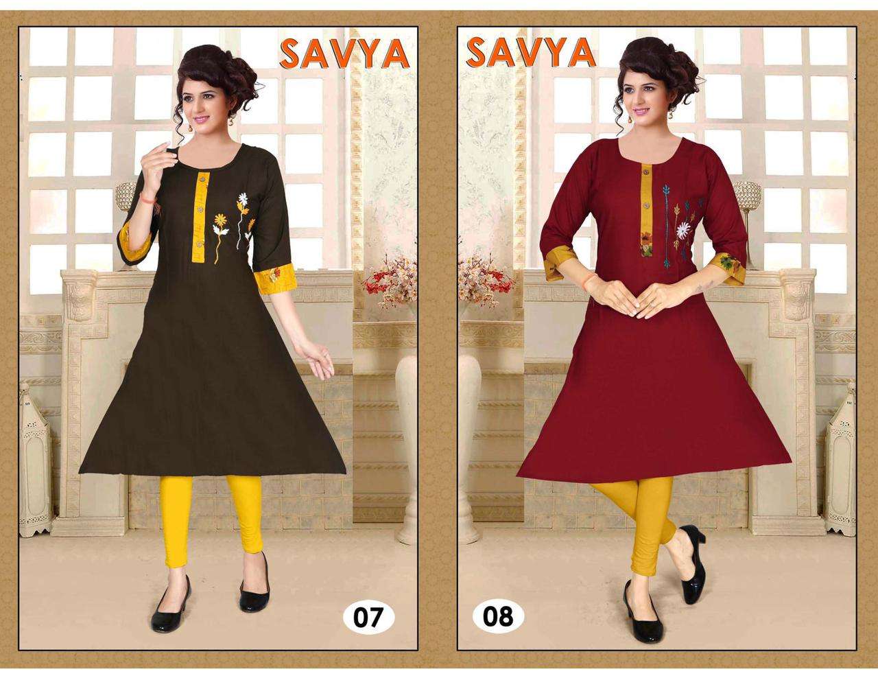 SAVYA BY POOJA 01 TO 10 SERIES DESIGNER STYLISH FANCY COLORFUL BEAUTIFUL PARTY WEAR & ETHNIC WEAR COLLECTION RAYON PRINT KURTIS AT WHOLESALE PRICE