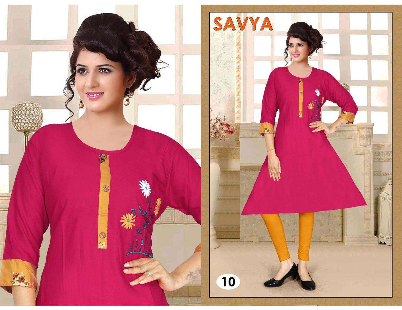 SAVYA BY POOJA 01 TO 10 SERIES DESIGNER STYLISH FANCY COLORFUL BEAUTIFUL PARTY WEAR & ETHNIC WEAR COLLECTION RAYON PRINT KURTIS AT WHOLESALE PRICE