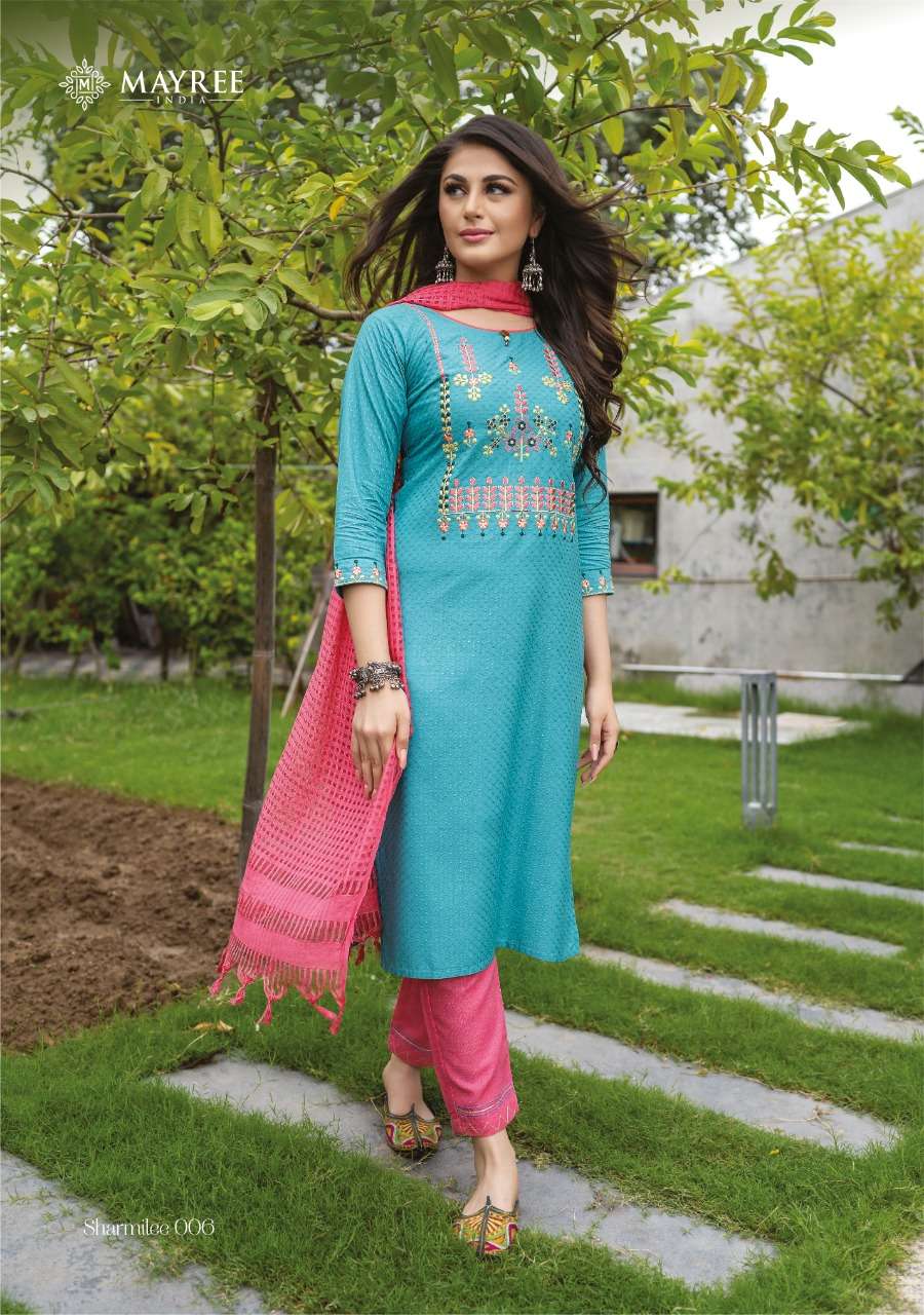 SHARMILEE BY MAYREE 001 TO 008 SERIES BEAUTIFUL SUITS COLORFUL STYLISH FANCY CASUAL WEAR & ETHNIC WEAR RAYON DOBBY EMBROIDERED DRESSES AT WHOLESALE PRICE