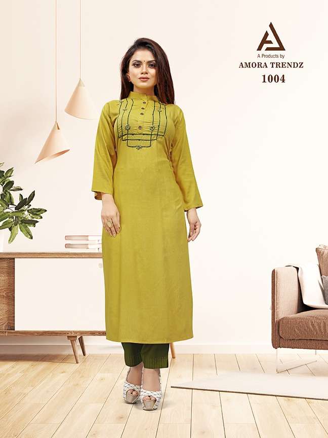 AMORA 1001 SERIES BY AMORA 1001 TO 1005 SERIES DESIGNER STYLISH FANCY COLORFUL BEAUTIFUL PARTY WEAR & ETHNIC WEAR COLLECTION PURE RAYON PRINT KURTIS WITH BOTTOM AT WHOLESALE PRICE