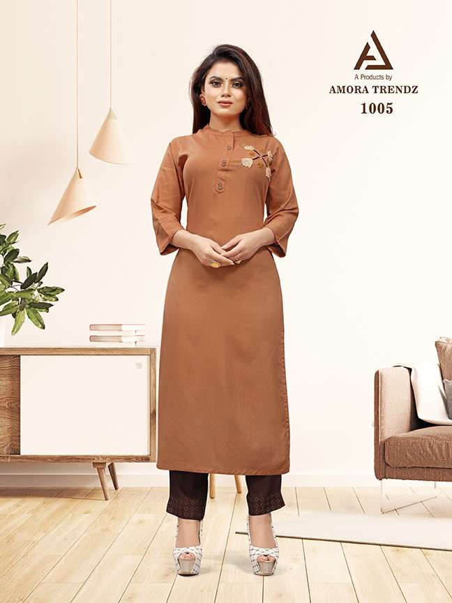 AMORA 1001 SERIES BY AMORA 1001 TO 1005 SERIES DESIGNER STYLISH FANCY COLORFUL BEAUTIFUL PARTY WEAR & ETHNIC WEAR COLLECTION PURE RAYON PRINT KURTIS WITH BOTTOM AT WHOLESALE PRICE