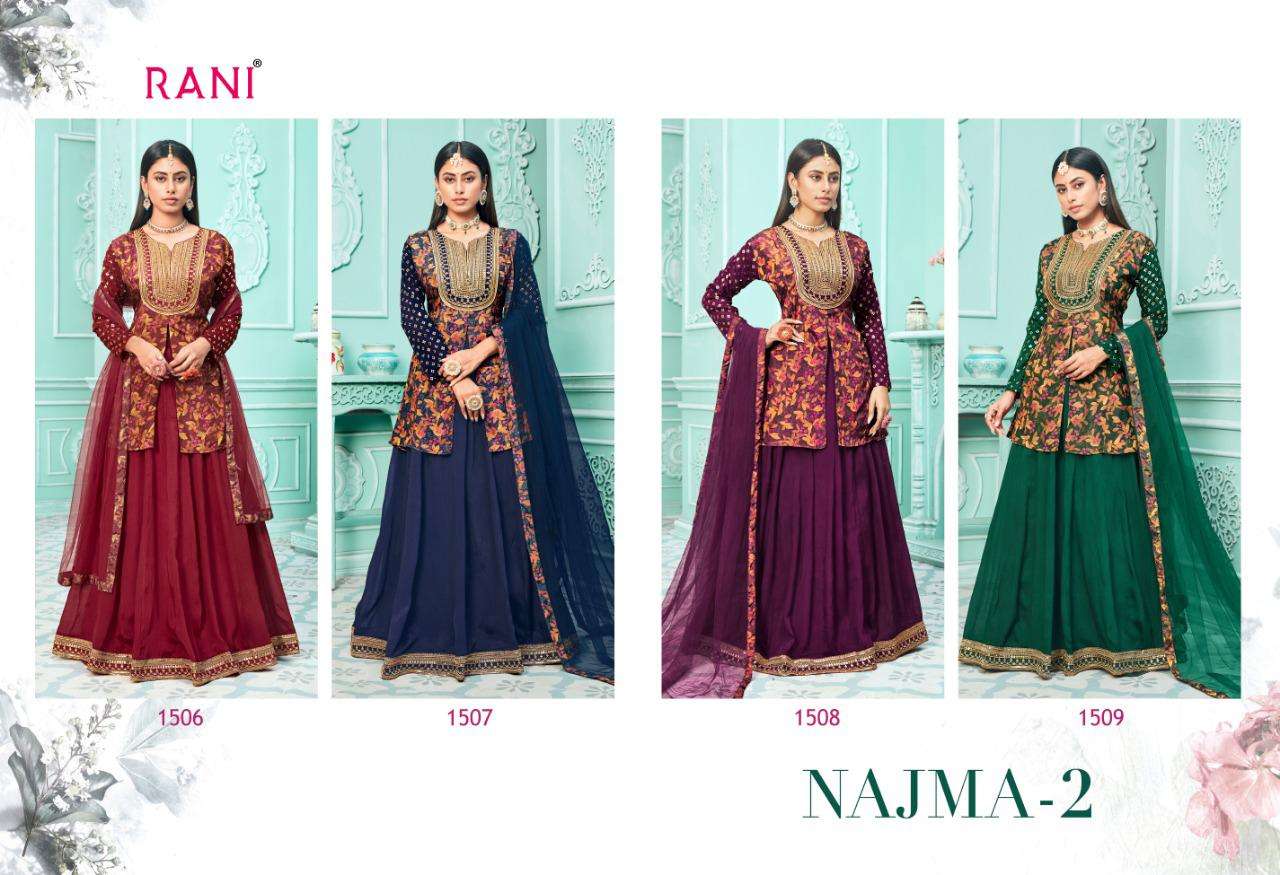 NAJMA VOL-2 BY RANI TRENDZ 1506 TO 1509 SERIES BEAUTIFUL SUITS COLORFUL STYLISH FANCY CASUAL WEAR & ETHNIC WEAR SILK DIGITAL PRINT DRESSES AT WHOLESALE PRICE