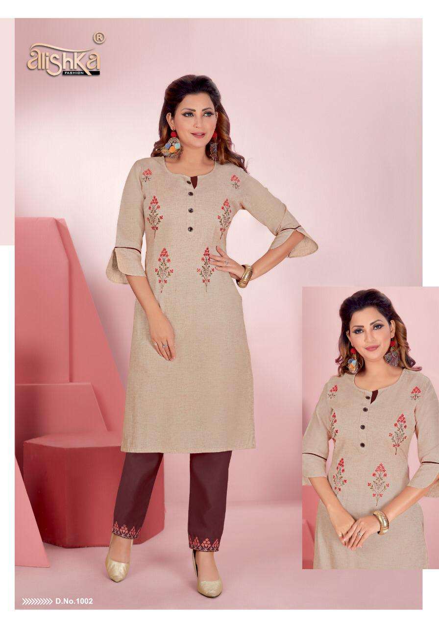 SENORITA BY ALISHKA FASHION 1001 TO 1006 SERIES DESIGNER STYLISH FANCY COLORFUL BEAUTIFUL PARTY WEAR & ETHNIC WEAR COLLECTION PURE COTTON EMBROIDERY KURTIS WITH BOTTOM AT WHOLESALE PRICE