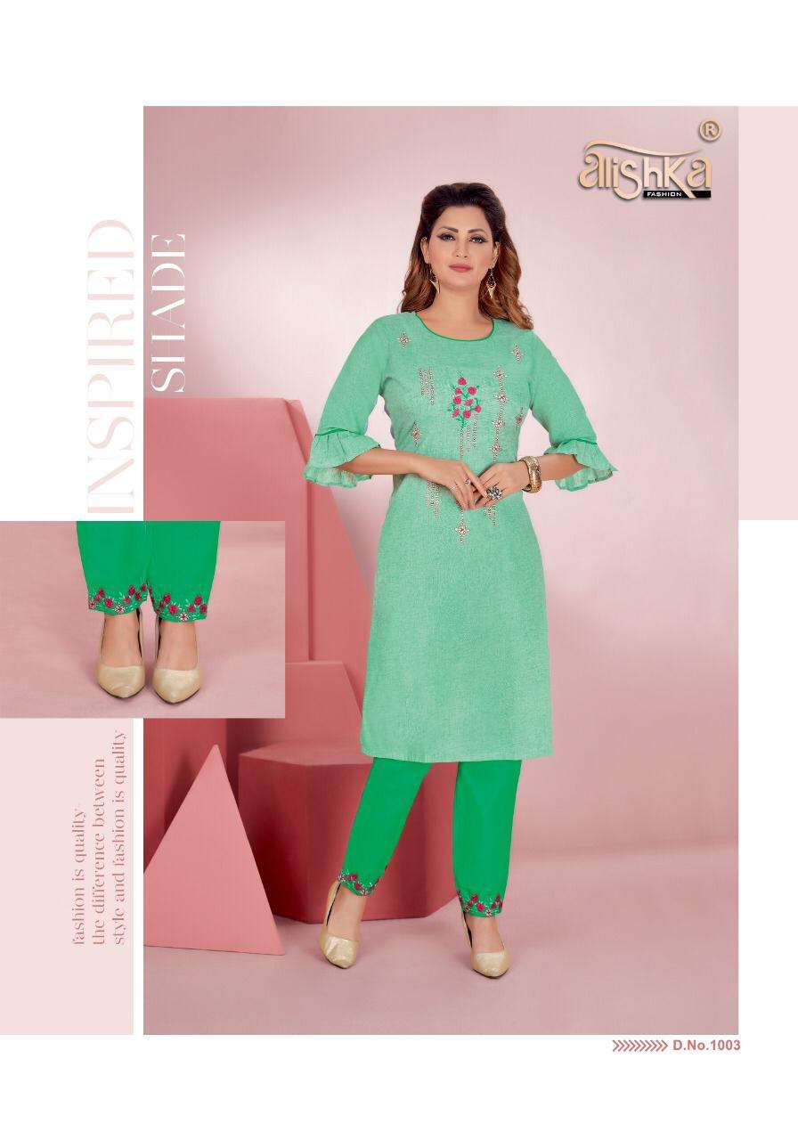 SENORITA BY ALISHKA FASHION 1001 TO 1006 SERIES DESIGNER STYLISH FANCY COLORFUL BEAUTIFUL PARTY WEAR & ETHNIC WEAR COLLECTION PURE COTTON EMBROIDERY KURTIS WITH BOTTOM AT WHOLESALE PRICE