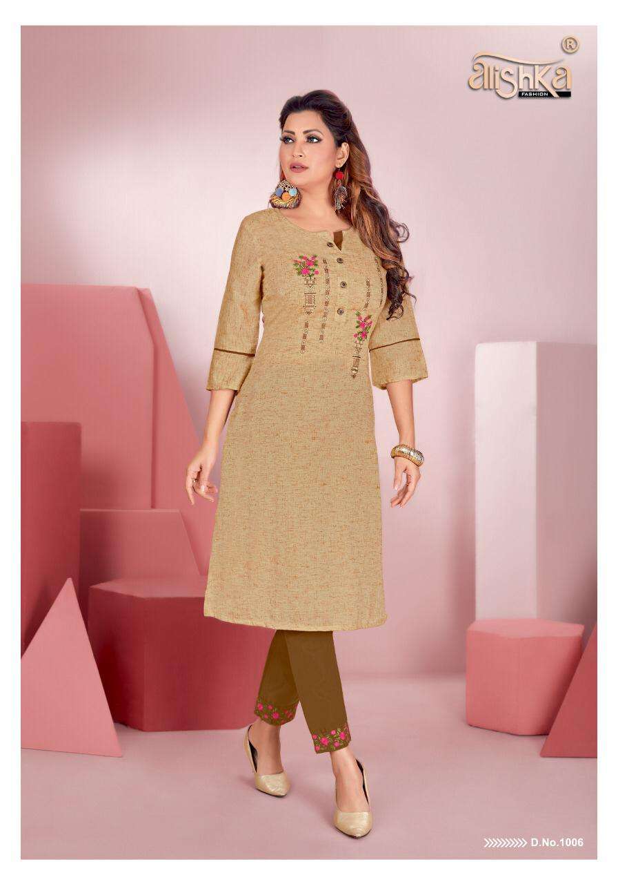 SENORITA BY ALISHKA FASHION 1001 TO 1006 SERIES DESIGNER STYLISH FANCY COLORFUL BEAUTIFUL PARTY WEAR & ETHNIC WEAR COLLECTION PURE COTTON EMBROIDERY KURTIS WITH BOTTOM AT WHOLESALE PRICE
