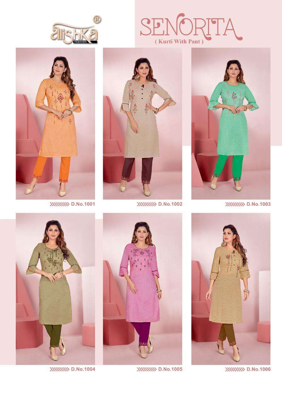 SENORITA BY ALISHKA FASHION 1001 TO 1006 SERIES DESIGNER STYLISH FANCY COLORFUL BEAUTIFUL PARTY WEAR & ETHNIC WEAR COLLECTION PURE COTTON EMBROIDERY KURTIS WITH BOTTOM AT WHOLESALE PRICE