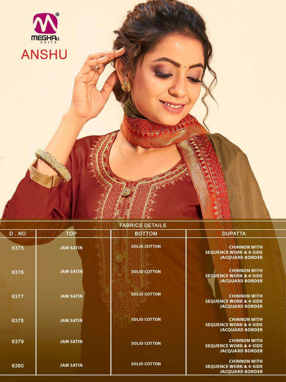 ANSHU BY MEGHALI SUITS 375 TO 380 SERIES BEAUTIFUL SUITS COLORFUL STYLISH FANCY CASUAL WEAR & ETHNIC WEAR PURE JAM SATIN DRESSES AT WHOLESALE PRICE