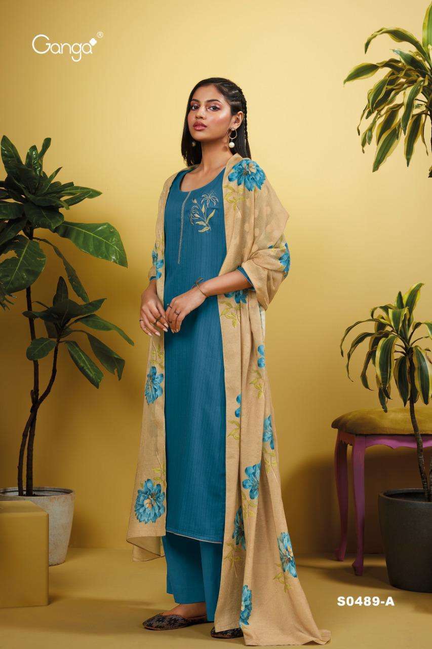 EMMA-489 BY GANGA FASHION 489-A TO 489-D SERIES BEAUTIFUL SUITS COLORFUL STYLISH FANCY CASUAL WEAR & ETHNIC WEAR PREMIUM COTTON PRINT WITH EMBROIDERY WORK DRESSES AT WHOLESALE PRICE