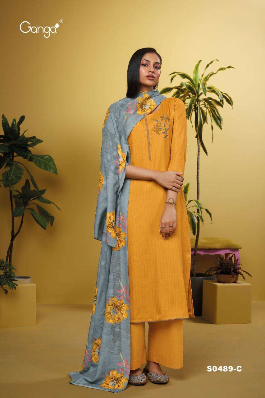 EMMA-489 BY GANGA FASHION 489-A TO 489-D SERIES BEAUTIFUL SUITS COLORFUL STYLISH FANCY CASUAL WEAR & ETHNIC WEAR PREMIUM COTTON PRINT WITH EMBROIDERY WORK DRESSES AT WHOLESALE PRICE