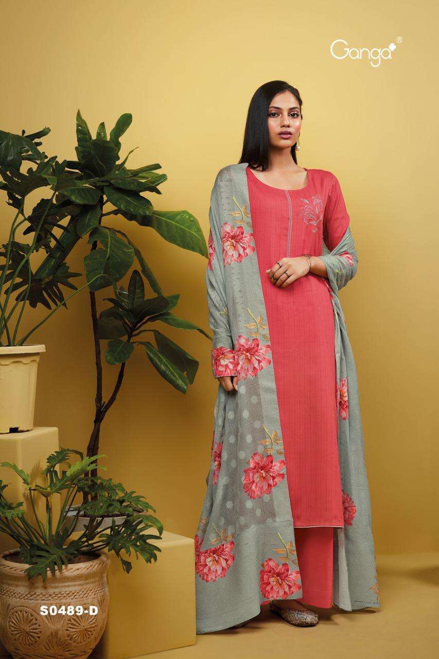 EMMA-489 BY GANGA FASHION 489-A TO 489-D SERIES BEAUTIFUL SUITS COLORFUL STYLISH FANCY CASUAL WEAR & ETHNIC WEAR PREMIUM COTTON PRINT WITH EMBROIDERY WORK DRESSES AT WHOLESALE PRICE