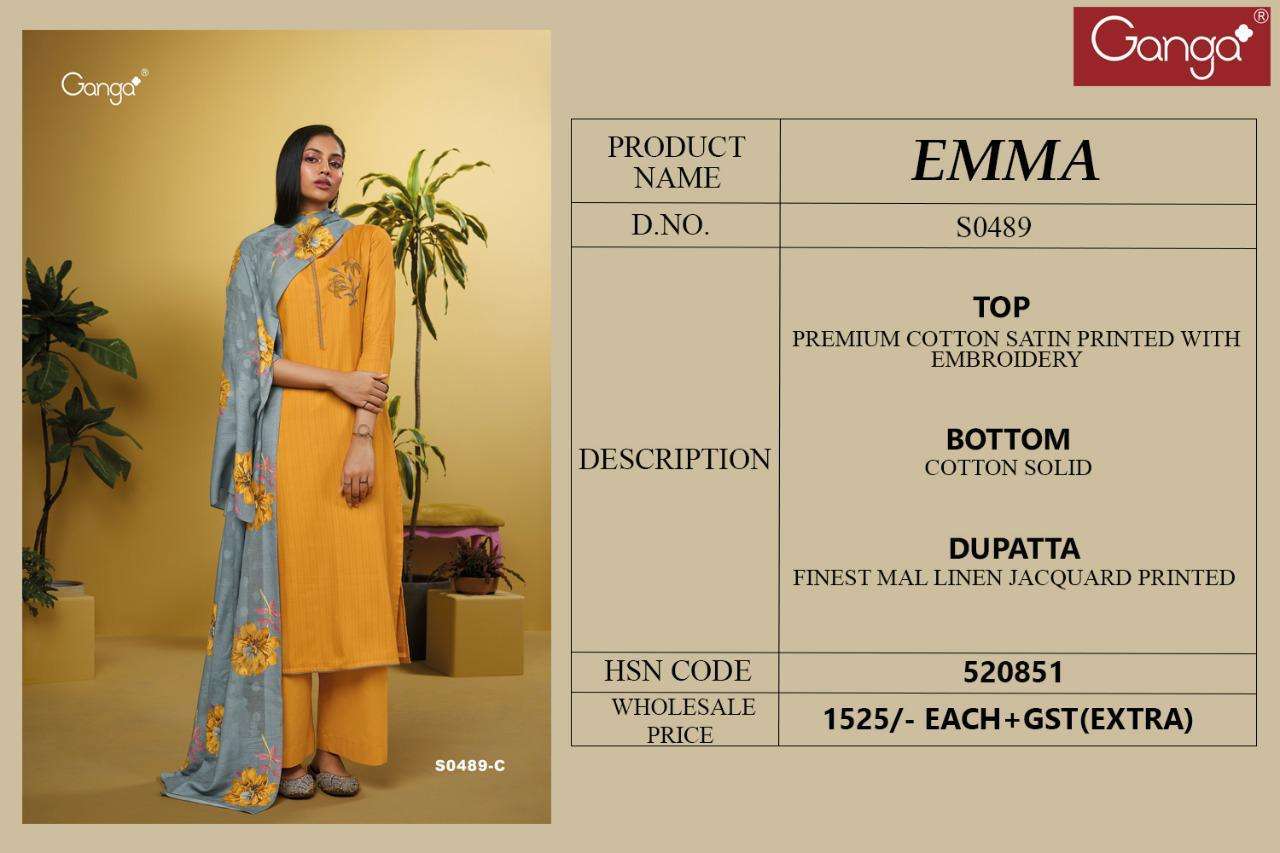 EMMA-489 BY GANGA FASHION 489-A TO 489-D SERIES BEAUTIFUL SUITS COLORFUL STYLISH FANCY CASUAL WEAR & ETHNIC WEAR PREMIUM COTTON PRINT WITH EMBROIDERY WORK DRESSES AT WHOLESALE PRICE