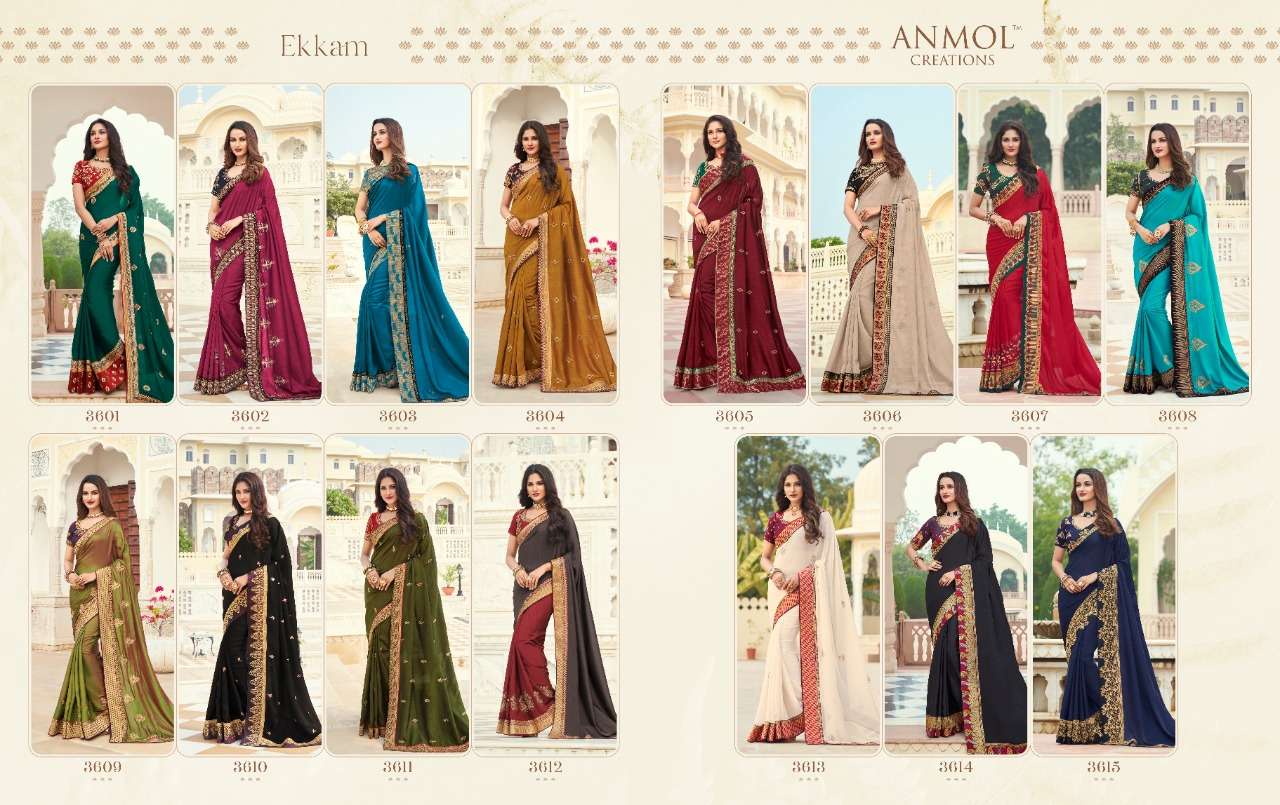 EKKAM BY ANMOL CREATION 3601 TO 3615 SERIES INDIAN TRADITIONAL WEAR COLLECTION BEAUTIFUL STYLISH FANCY COLORFUL PARTY WEAR & OCCASIONAL WEAR FANCY SAREES AT WHOLESALE PRICE