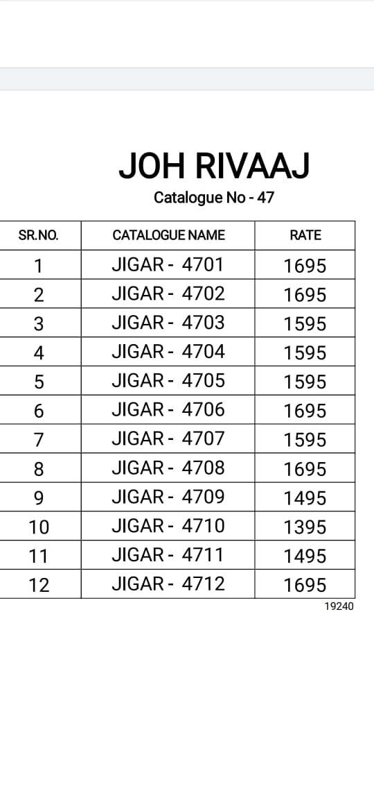 JIGAR BY JOH RIVAAJ 4701 TO 4712 SERIES INDIAN TRADITIONAL WEAR