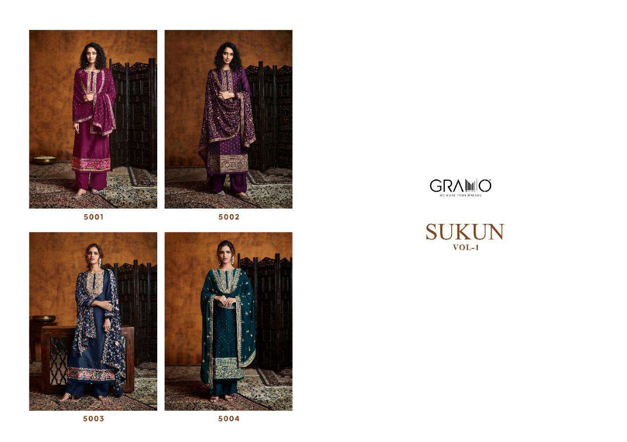 SUKUN VOL-1 BY GRAMO 5001 TO 5004 SERIES BEAUTIFUL SUITS COLORFUL STYLISH FANCY CASUAL WEAR & ETHNIC WEAR HEAVY REAL GEORGETTE DRESSES AT WHOLESALE PRICE