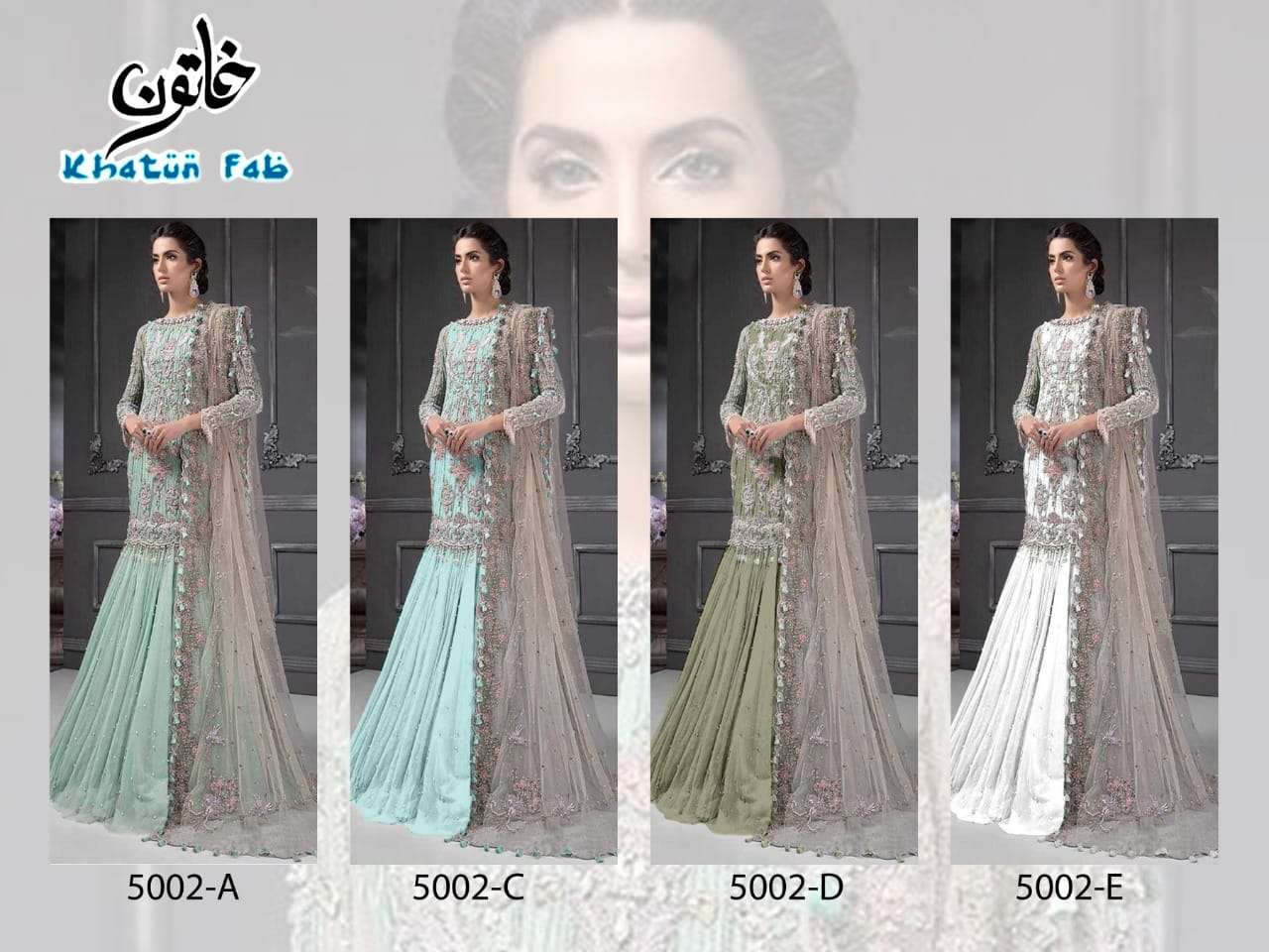 KHATUN FAB 5002 COLOURS BY KHATUN FAB DESIGNER FESTIVE PAKISTANI SUITS COLLECTION BEAUTIFUL STYLISH FANCY COLORFUL PARTY WEAR & OCCASIONAL WEAR BUTTERFLY NET EMBROIDERED DRESSES AT WHOLESALE PRICE
